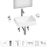 Накладная раковина для ванной Lavinia Boho Bathroom Sink 20219437R в наборе 7 в 1: раковина 50 см (белый глянец), донный клапан, сифон, смеситель, вентили, зеркало, аксессуары (хром)