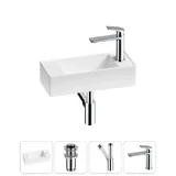 Мини раковина в туалет подвесная Lavinia Boho Sink 20216253R в наборе 4 в 1: маленькая и узкая раковина 43 см (белый глянец), донный клапан, сифон, смеситель (цвет набора хром)