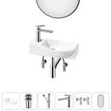 Подвесная мини раковина в туалет Lavinia Boho Sink 20219625R в наборе 6 в 1: настенная раковина 45 см (белый глянец), донный клапан, сифон, смеситель, вентили 2 шт, зеркало (набор хром)