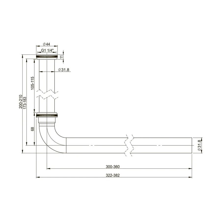 Сифон для раковины Wellsee Drainage System 182101000 (Ø 32 мм (1 1/4"); длина 200-210 мм; хром)