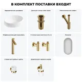 Накладная раковина для ванной 50 см Lavinia Boho Sink 20219255R в наборе 7 в 1: узкая раковина (белый глянец), донный клапан, сифон, смеситель, вентили, зеркало, аксессуары (золото)