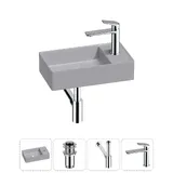 Маленькая раковина в туалет Wellsee WC Area 20213752R в наборе 4 в 1: узкая мини-раковина 41 см (матовый серый), донный клапан, сифон, смеситель (цвет набора хром)