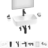 Узкая раковина накладная для ванной Lavinia Boho Sink 20219358R в наборе 7 в 1: раковина 54 см (белый глянец), донный клапан, сифон, смеситель, вентили, зеркало, аксессуары (матовый черный)