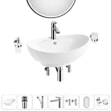 Накладная раковина для ванной 59 см Lavinia Boho Sink 20219293R в наборе 7 в 1: керамическая раковина (белый глянец), донный клапан, сифон, смеситель, вентили, зеркало, аксессуары (хром)