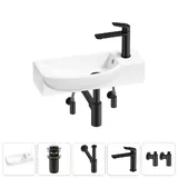 Подвесная мини раковина в туалет Lavinia Boho Sink 20216174R в наборе 5 в 1: настенная раковина 50 см (белый глянец), донный клапан, сифон, смеситель, вентили (цвет набора матовый черный)