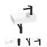 Маленькая раковина в туалет Wellsee WC Area 20213619R в наборе 4 в 1: узкая мини-раковина 41 см (белый глянец), донный клапан, сифон, смеситель (цвет набора матовый черный)