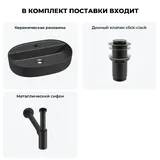 Черная накладная раковина для ванной 50 см Wellsee Chic Riviera 20214883R в наборе 3 в 1: овальная раковина керамическая, донный клапан, сифон (цвет набора матовый черный)