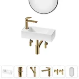 Мини раковина в туалет подвесная Lavinia Boho Sink 20219725R в наборе 6 в 1: узкая раковина маленькая 43 см (белый глянец), донный клапан, сифон, смеситель, вентили, зеркало (набор золото)