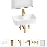 Узкая раковина накладная для ванной Lavinia Boho Sink 20219355R в наборе 6 в 1: раковина 54 см (белый глянец), донный клапан, сифон, смеситель, вентили, зеркало (цвет набора золото)