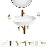 Подвесная раковина для ванной Lavinia Boho Sink 20219287R в наборе 7 в 1: настенная раковина 58 см (белый глянец), донный клапан, сифон, смеситель, вентили, зеркало, аксессуары (золото)