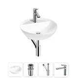 Накладная раковина для ванной 42 см Wellsee Cute Twin R 20213330R в наборе 4 в 1: раковина (белый глянец), донный клапан, сифон, смеситель (цвет набора хром)