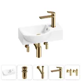 Подвесная мини раковина в туалет Lavinia Boho Sink 20216063R в наборе 5 в 1: настенная раковина 40 см (белый глянец), донный клапан, сифон, смеситель, вентили (цвет набора золото)