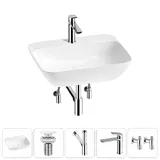 Подвесная или накладная раковина для ванной Lavinia Boho Sink 20220529R в наборе 5 в 1: прямоугольная раковина 55 см (белый глянец), донный клапан, сифон, смеситель, вентили (набор хром)
