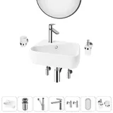 Угловая раковина маленькая в туалет Lavinia Boho Sink 20219881R в наборе 7 в 1: подвесная раковина 44 см (белый глянец), донный клапан, сифон, смеситель, вентили 2 шт, зеркало, аксессуары (хром)