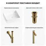 Маленькая раковина чаша для ванной Wellsee FreeDom 2.0 20214385R в наборе 4 в 1: накладная раковина 30 см (матовый белый), донный клапан, сифон, смеситель (цвет набора золото)