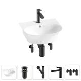 Подвесная раковина для ванной Lavinia Boho Sink 20216678R в наборе 5 в 1: керамическая раковина 46 см (белый глянец), донный клапан, сифон, смеситель, вентили (цвет набора матовый черный)