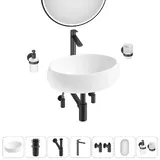 Накладная раковина для ванной 50 см Lavinia Boho Sink 20219254R в наборе 7 в 1: узкая раковина (белый глянец), донный клапан, сифон, смеситель, вентили, зеркало, аксессуары (матовый черный)