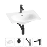 Встраиваемая раковина для ванной Lavinia Boho Bathroom Sink 20217656R в наборе 6 в 1: раковина 60 см (белый глянец), донный клапан, сифон, смеситель, вентили, зеркало (набор матовый черный)