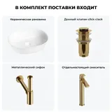 Накладная раковина для ванной 50 см Wellsee Brillant iCon 20214625R в наборе 4 в 1: раковина (белый глянец), донный клапан, сифон, смеситель (цвет набора золото)