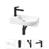 Подвесная мини раковина в туалет Lavinia Boho Sink 20216086R в наборе 4 в 1: настенная раковина 45 см (белый глянец), донный клапан, сифон, смеситель (цвет набора матовый черный)