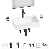 Накладная раковина для ванной 55 см Lavinia Boho Sink 20219334R в наборе 7 в 1: керамическая раковина (белый глянец), донный клапан, сифон, смеситель, вентили, зеркало, аксессуары (матовый черный)