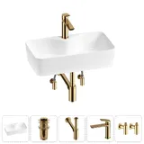 Узкая раковина накладная для ванной Lavinia Boho Sink 20215285R в наборе 5 в 1: раковина 54 см (белый глянец), донный клапан, сифон, смеситель, вентили (цвет набора золото)