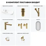 Подвесная мини раковина в туалет Lavinia Boho Sink 20219631R в наборе 7 в 1: настенная раковина 45 см (белый глянец), донный клапан, сифон, смеситель, вентили, зеркало, аксессуары (золото)