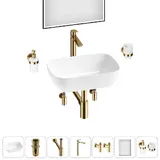 Накладная раковина для ванной 46 см Lavinia Boho Sink 20219319R в наборе 7 в 1: узкая раковина (белый глянец), донный клапан, сифон, смеситель, вентили, зеркало, аксессуары (золото)