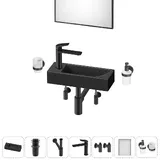 Маленькая раковина в туалет Lavinia Boho Bathroom Sink 20219553R в наборе 7 в 1: узкая мини-раковина 38 см (матовый черный), донный клапан, сифон, смеситель, вентили, зеркало, аксессуары (черный)