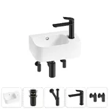Маленькая раковина в туалет угловая Lavinia Boho Sink 20216566R в наборе 5 в 1: подвесная раковина мини 37 см (белый глянец), донный клапан, сифон, смеситель, вентили (матовый черный)