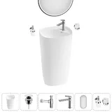 Напольная раковина для ванной Lavinia Boho Bathroom Sink 20219405R в наборе 6 в 1: отдельностоящая раковина в цвете белый глянец, донный клапан, сифон, смеситель, зеркало, аксессуары (хром)