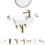 Маленькая раковина в туалет Wellsee WC Area 20218101R в наборе 7 в 1: узкая мини-раковина 41 см (белый глянец), донный клапан, сифон, смеситель, вентили, зеркало, аксессуары (золото)
