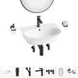 Подвесная раковина для ванной Lavinia Boho Sink 20219938R в наборе 7 в 1: керамическая раковина 55 см (белый глянец), донный клапан, сифон, смеситель, вентили, зеркало, аксессуары (матовый черный)