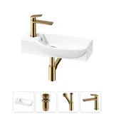 Подвесная мини раковина в туалет Lavinia Boho Sink 20216143R в наборе 4 в 1: настенная раковина 50 см (белый глянец), донный клапан, сифон, смеситель (цвет набора золото)