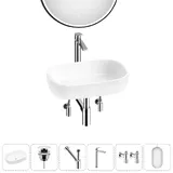 Накладная раковина для ванной Lavinia Boho Bathroom Sink 20217447R в наборе 6 в 1: накладная раковина 54 см (белый глянец), донный клапан, сифон, смеситель, вентили, зеркало (цвет хром)