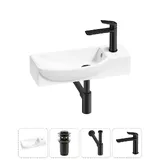 Подвесная мини раковина в туалет Lavinia Boho Sink 20216170R в наборе 4 в 1: настенная раковина 50 см (белый глянец), донный клапан, сифон, смеситель (цвет набора матовый черный)