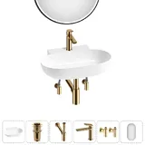 Подвесная раковина для ванной Lavinia Boho Sink 20219283R в наборе 6 в 1: настенная раковина 58 см (белый глянец), донный клапан, сифон, смеситель, вентили, зеркало (набор золото)