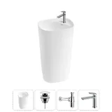 Напольная раковина для ванной Lavinia Boho Bathroom Sink 20215532R в наборе 4 в 1: отдельностоящая раковина в цвете белый глянец, донный клапан, сифон, смеситель (цвет набора хром)
