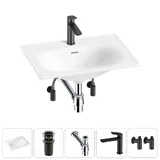 Врезная раковина для ванной Lavinia Boho Bathroom Sink 20217620R в наборе 5 в 1: раковина 60 см (белый глянец), донный клапан, сифон, смеситель, вентили (цвет набора матовый черный)