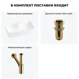 Узкая раковина накладная для ванной Lavinia Boho Sink 20215277R в наборе 3 в 1: раковина 54 см (белый глянец), донный клапан, сифон (цвет набора золото)
