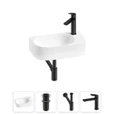 Маленькая раковина в туалет подвесная Lavinia Boho Sink 20216310R в наборе 4 в 1: узкая раковина 40 см (белый глянец), донный клапан, сифон, смеситель (цвет набора матовый черный)