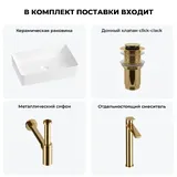 Накладная раковина матовая белая Wellsee FreeDom 2.0 20214465R в наборе 4 в 1: узкая раковина 50 см, донный клапан, сифон, смеситель (цвет набора золото)
