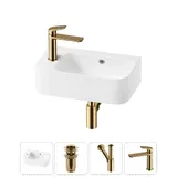 Настенная раковина для ванной или туалета Lavinia Boho Sink 20216479R в наборе 4 в 1: подвесная раковина 45 см (белый глянец), донный клапан, сифон, смеситель (цвет набора золото)