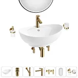 Накладная раковина для ванной 59 см Lavinia Boho Sink 20219295R в наборе 7 в 1: керамическая раковина (белый глянец), донный клапан, сифон, смеситель, вентили, зеркало, аксессуары (золото)