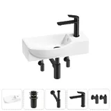 Подвесная мини раковина в туалет Lavinia Boho Sink 20216118R в наборе 5 в 1: настенная раковина 45 см (белый глянец), донный клапан, сифон, смеситель, вентили (цвет набора матовый черный)