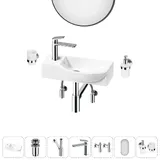 Подвесная мини раковина в туалет Lavinia Boho Sink 20219629R в наборе 7 в 1: настенная раковина 45 см (белый глянец), донный клапан, сифон, смеситель, вентили 2 шт, зеркало, аксессуары (хром)