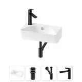 Мини раковина в туалет настенная Lavinia Boho Sink 20216450R в наборе 4 в 1: маленькая раковина угловая 40 см (белый глянец), донный клапан, сифон, смеситель (цвет набора матовый черный)