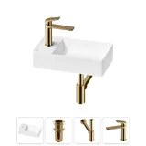 Маленькая раковина в туалет Wellsee WC Area 20213820R в наборе 4 в 1: узкая мини-раковина 41 см (матовый белый), донный клапан, сифон, смеситель (цвет набора золото)