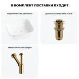 Накладная раковина для ванной Wellsee Preen 20214181R в наборе 3 в 1: раковина 39 см (белый глянец), донный клапан, сифон (цвет набора золото)
