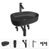 Черная накладная раковина для ванной 55 см Wellsee Belle Spa 3.0 20212743R в наборе 5 в 1: раковина, донный клапан, сифон, смеситель, вентили 2 шт (цвет набора матовый черный)
